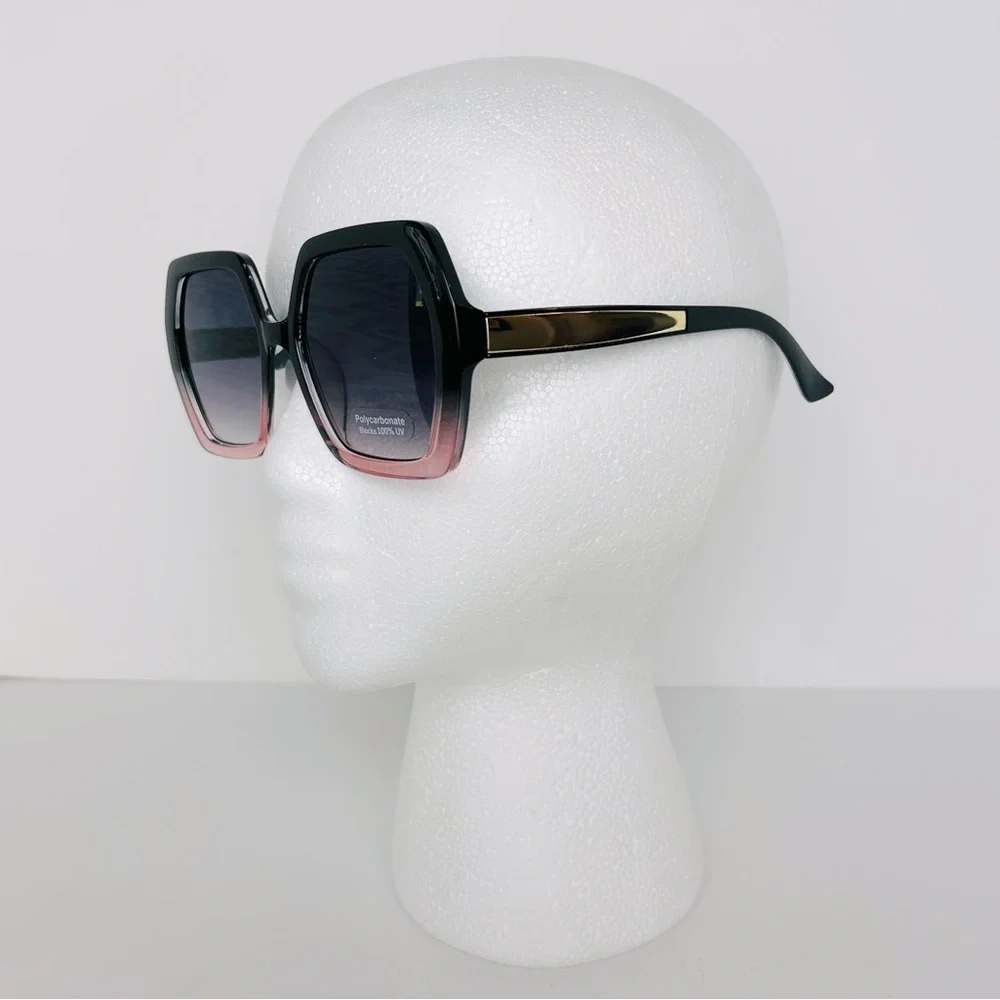 Sunglasses Women's Black Purple With Gold Hexagon Shaped Oversized Shades NEW